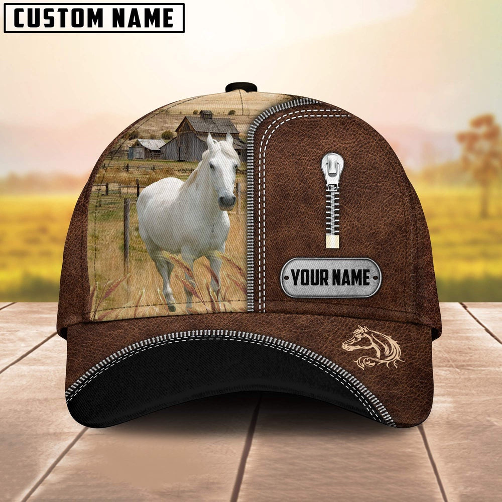 White Horse Leather Zip Pattern Customized Name Cap, Farmer Cap, Cap For Farmers, Best Farm Hat, Farm Use Hat