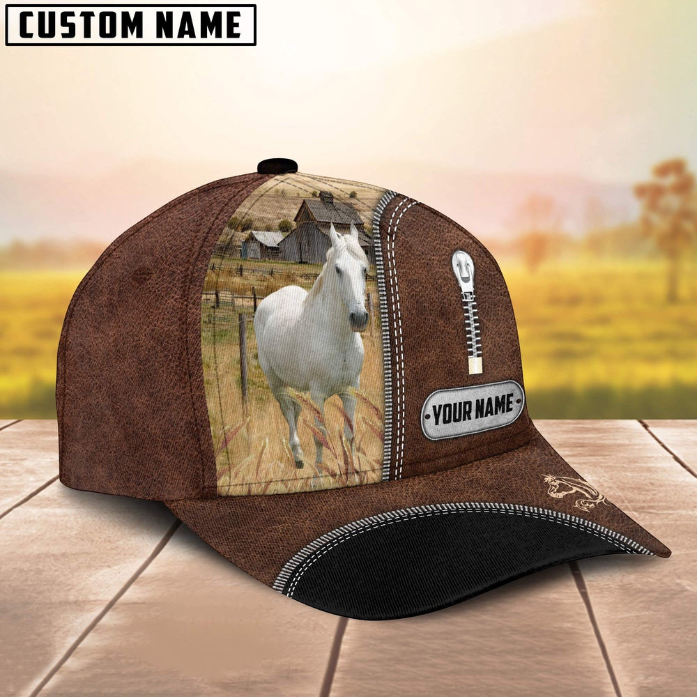 White Horse Leather Zip Pattern Customized Name Cap, Farmer Cap, Cap For Farmers, Best Farm Hat, Farm Use Hat