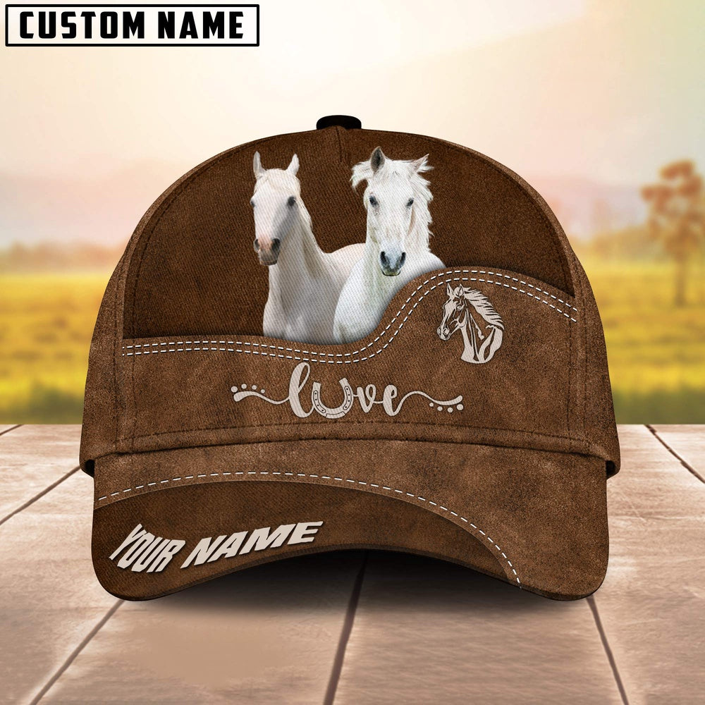 White Horse Love Leather Pattern Customized Name Cap, Farmer Cap, Cap For Farmers, Best Farm Hat, Farm Use Hat