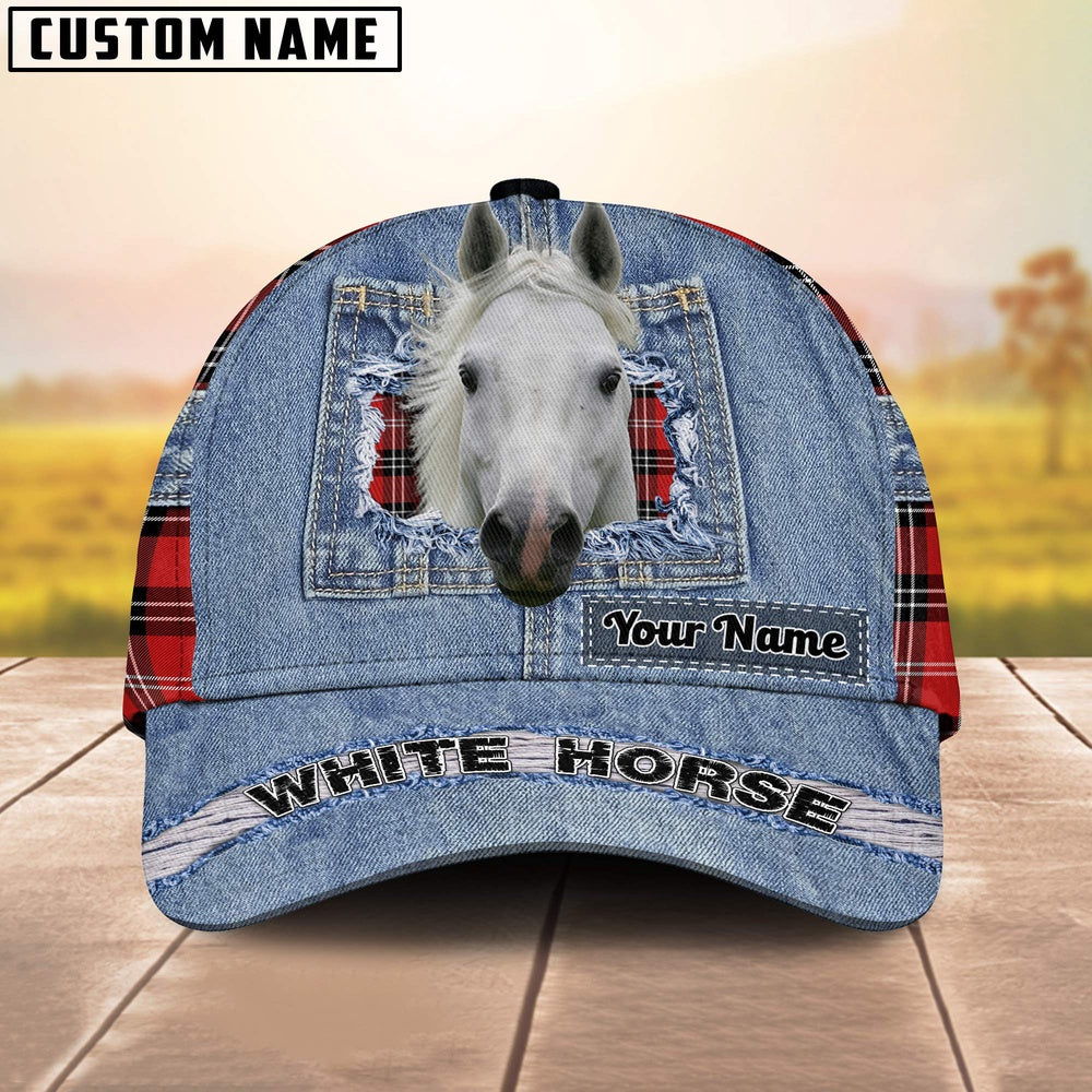 White Horse Overall Jeans Pattern And Red Caro Pattern Customized Name Cap, Farmer Cap, Cap For Farmers, Best Farm Hat, Farm Use Hat