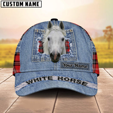 White Horse Overall Jeans Pattern And Red Caro Pattern Customized Name Cap, Farmer Cap, Cap For Farmers, Best Farm Hat, Farm Use Hat