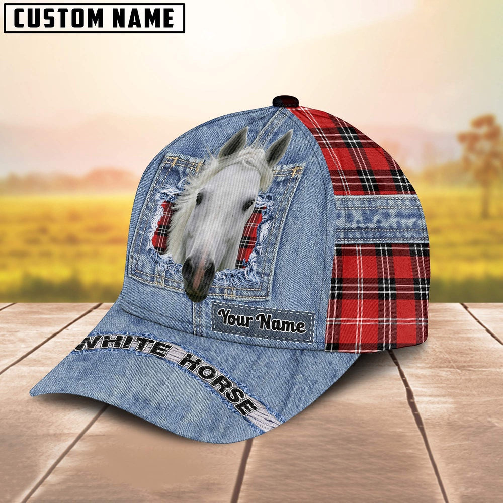 White Horse Overall Jeans Pattern And Red Caro Pattern Customized Name Cap, Farmer Cap, Cap For Farmers, Best Farm Hat, Farm Use Hat