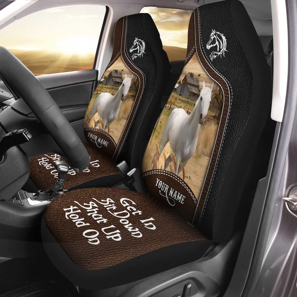 White Horse Personalized Name Black And Brown Leather Pattern Car Seat Cover, Car Seat Cover, Farm Car Seat Cover, Pet Seat Covers