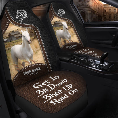 White Horse Personalized Name Black And Brown Leather Pattern Car Seat Cover, Car Seat Cover, Farm Car Seat Cover, Pet Seat Covers