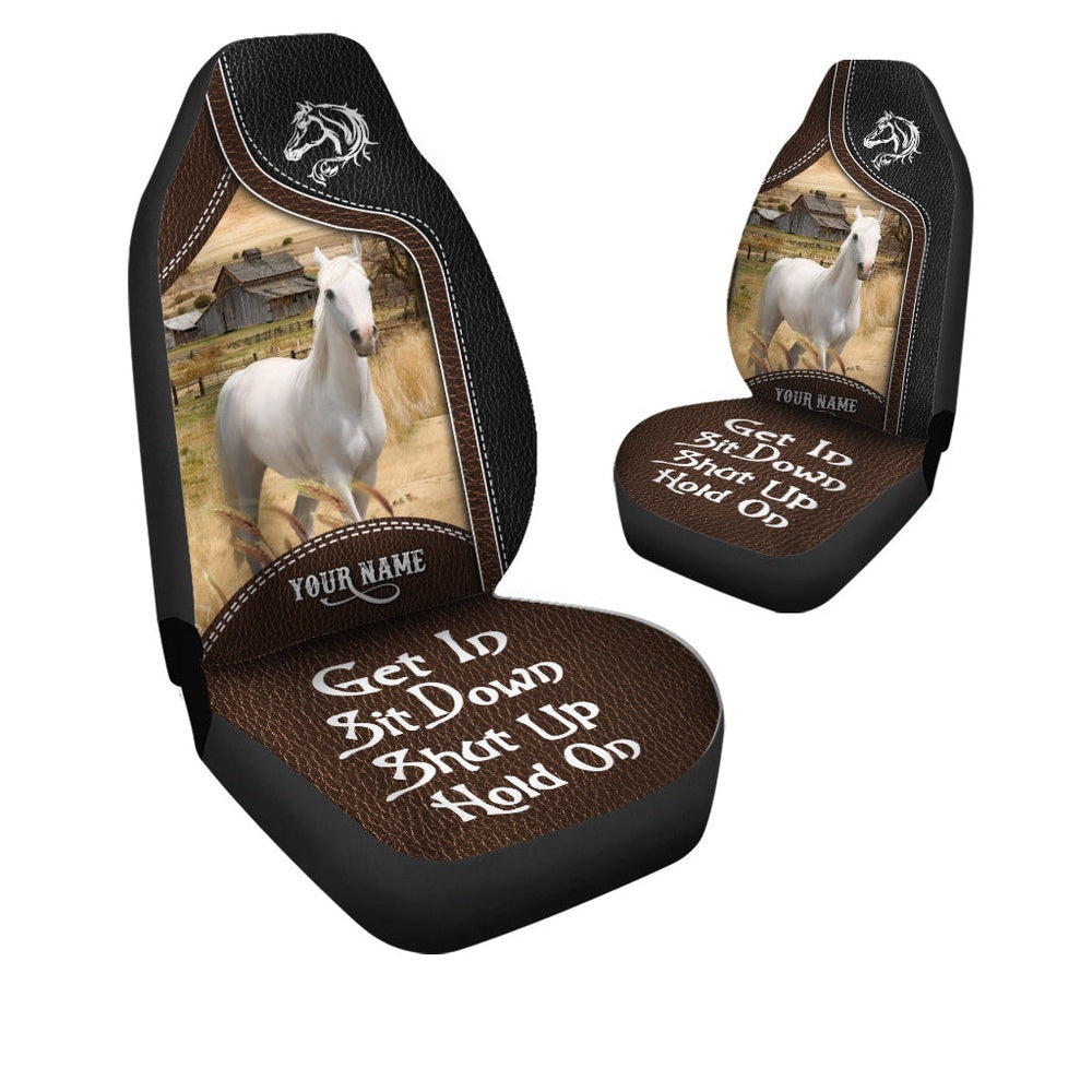 White Horse Personalized Name Black And Brown Leather Pattern Car Seat Cover, Car Seat Cover, Farm Car Seat Cover, Pet Seat Covers