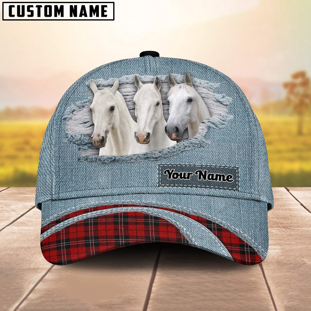 White Horse Red Caro And Jeans Pattern Customized Name Cap, Farmer Cap, Cap For Farmers, Best Farm Hat, Farm Use Hat