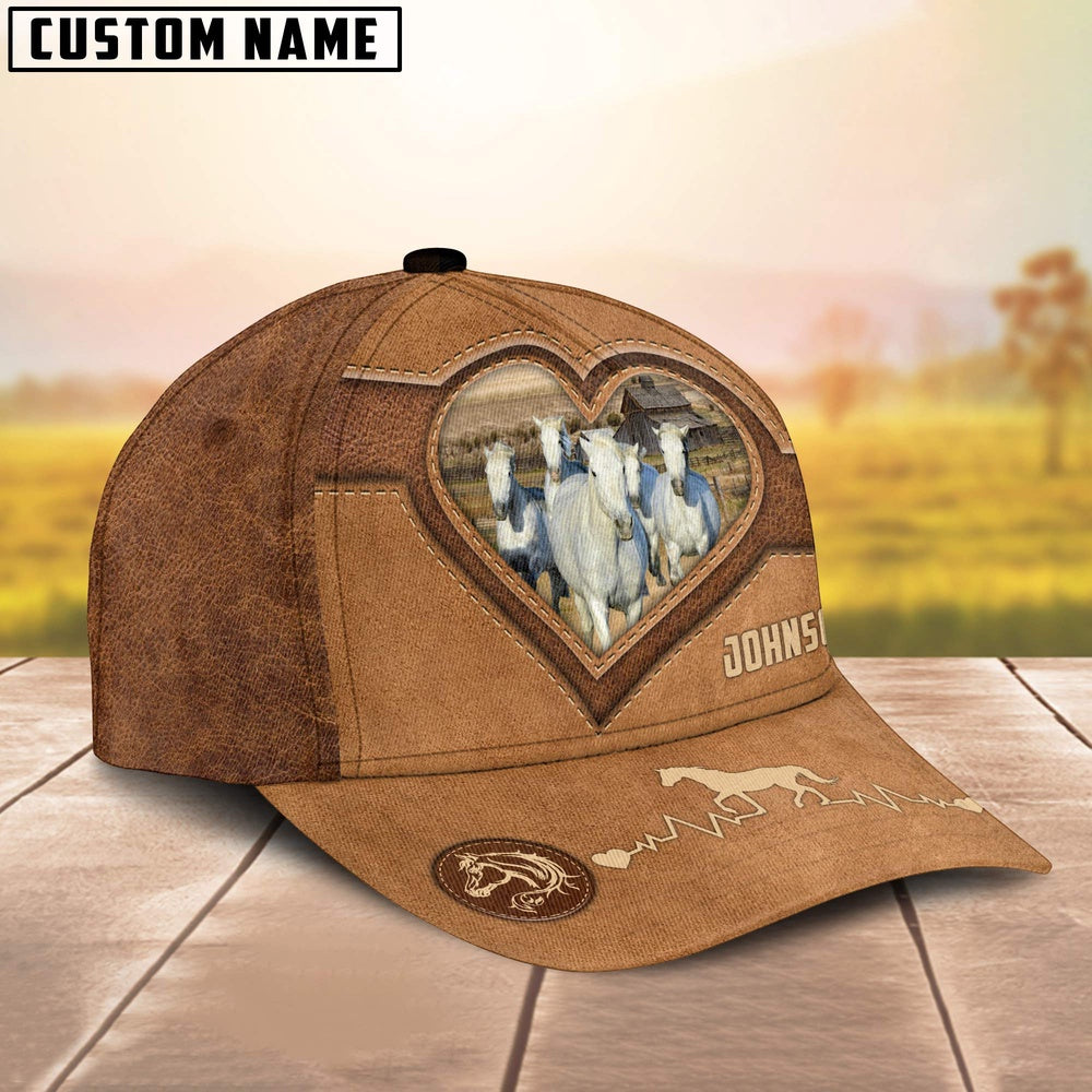 White Horses Heart Shaped Style Customized Name Cap, Farmer Cap, Cap For Farmers, Best Farm Hat, Farm Use Hat