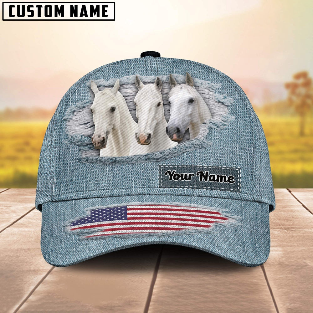 White Horses Jeans Pattern Customized Name Cap, Farmer Cap, Cap For Farmers, Best Farm Hat, Farm Use Hat