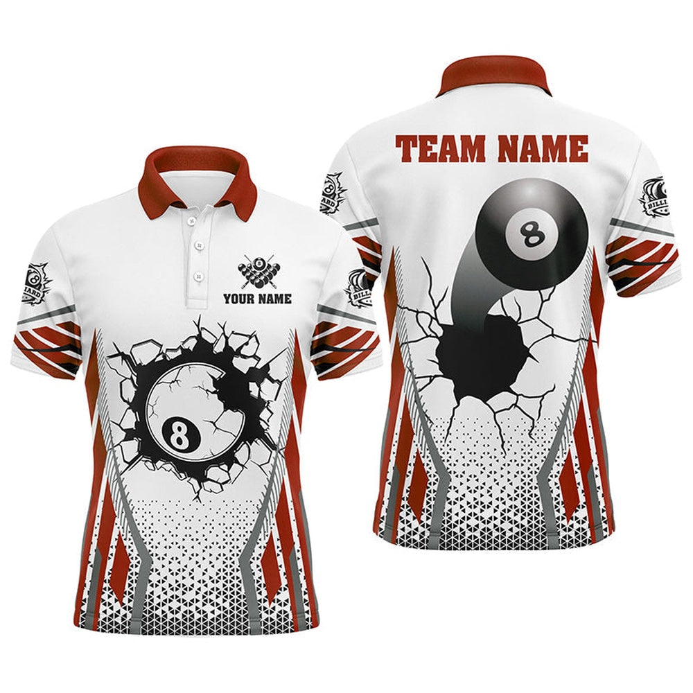 White Red 8 Ball Pool Cracked Wall Personalized Polo Shirts, Custom Billiard Attire Polo, Billiard Team Polo Shirts