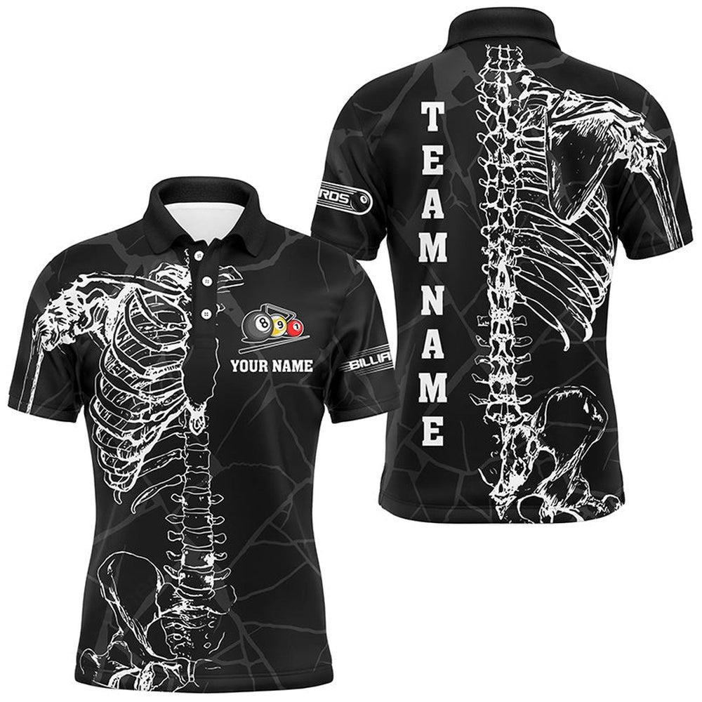 White Skeleton Custom Black Grunge Billiard Shirts, Funny Billiard Polo Short Sleeve, Billiard Team Polo Shirts