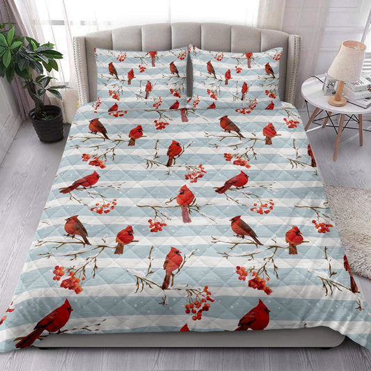 Winter Cardinal Birds Rowan Berries Snowflake Chrismass Bedding Set, Christmas Beddings, Xmas Bedding Sets