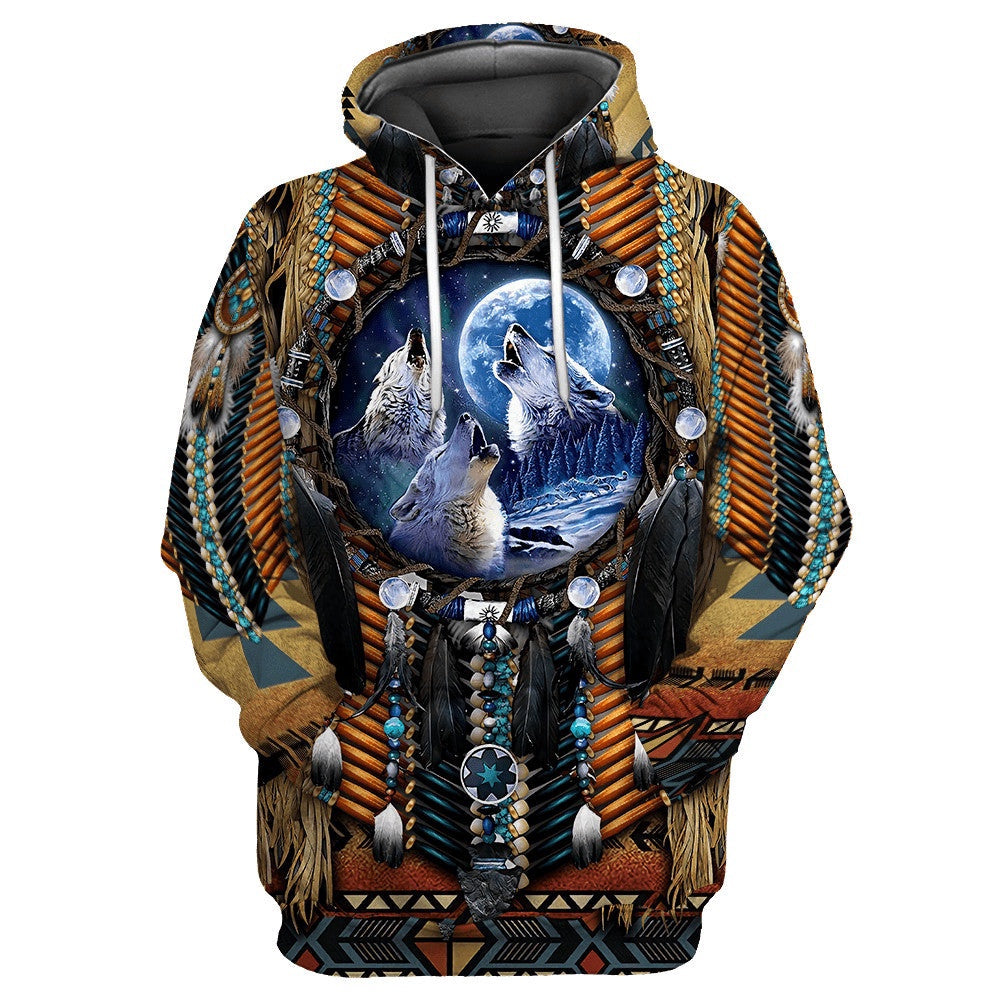 Wolf Full Moon Native American All Over Printed Hoodie, Native American Hoodie, 3D Native American Hoodie