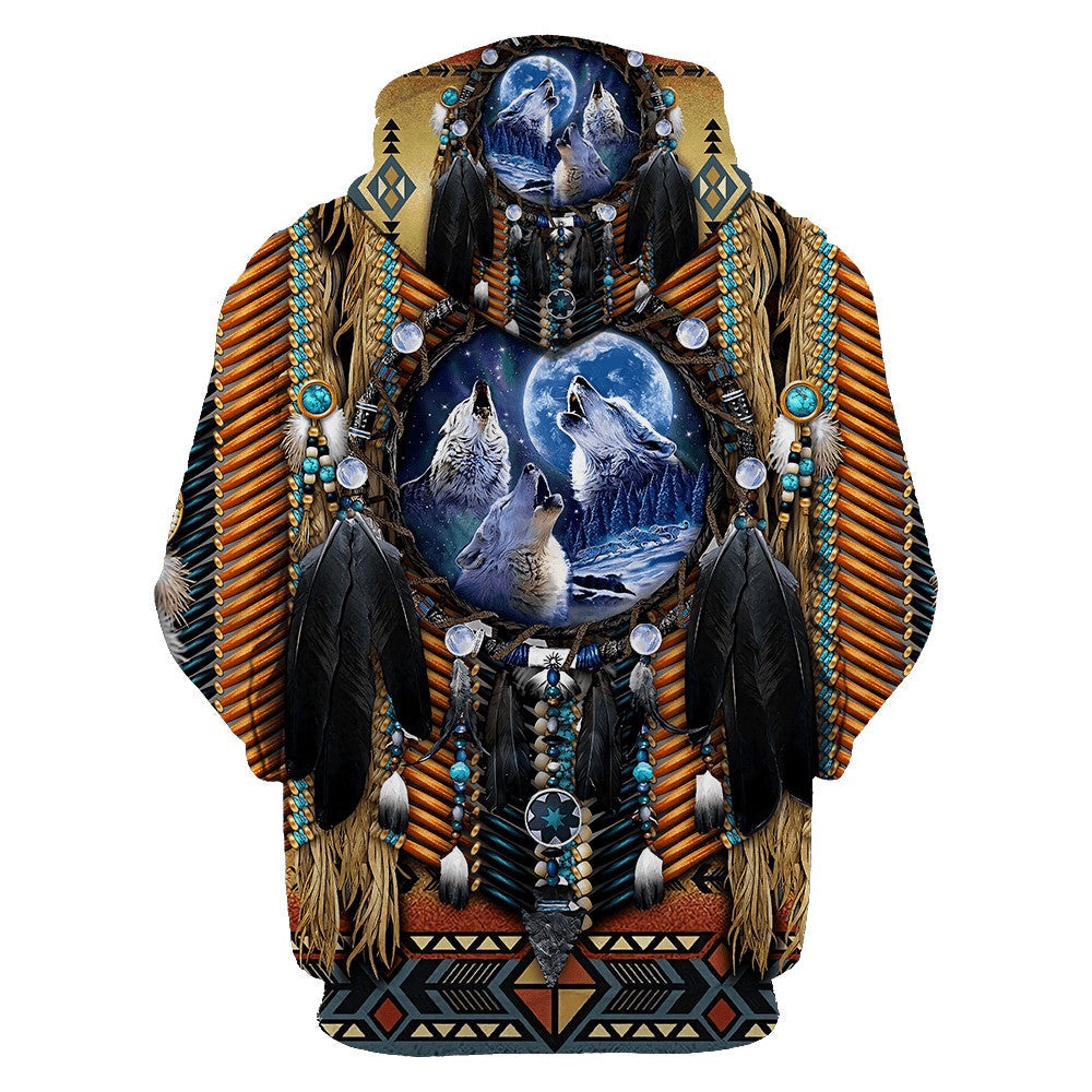 Wolf Full Moon Native American All Over Printed Hoodie, Native American Hoodie, 3D Native American Hoodie