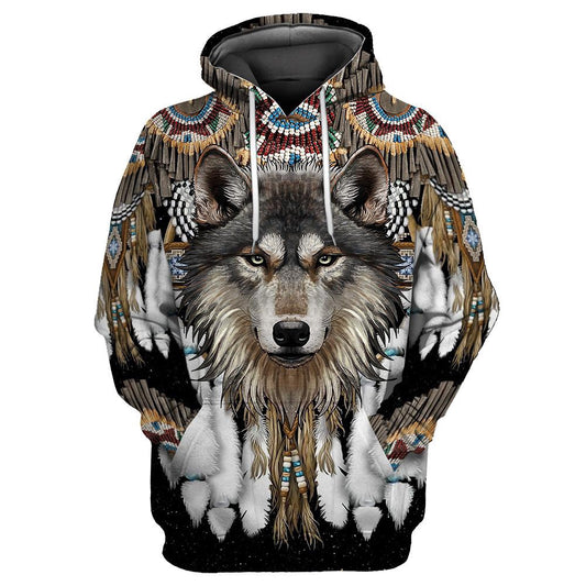 Wolf Native American All Over Printed Hoodie, Native American Hoodie, 3D Native American Hoodie