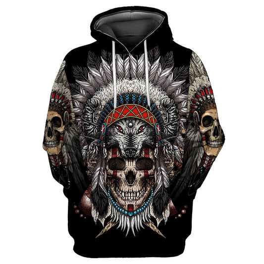 Wolf Skull Native American All Over Printed Hoodie, Native American Hoodie, 3D Native American Hoodie