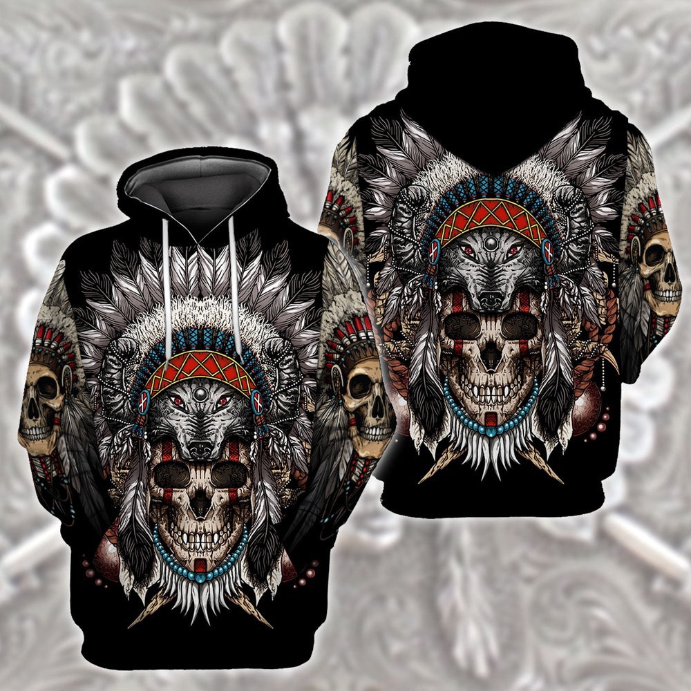Wolf Skull Native American All Over Printed Hoodie, Native American Hoodie, 3D Native American Hoodie