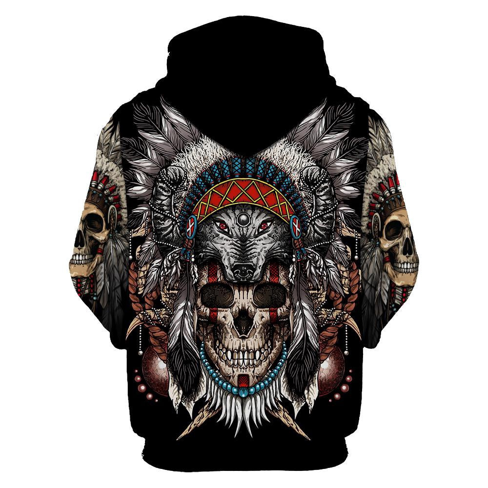Wolf Skull Native American All Over Printed Hoodie, Native American Hoodie, 3D Native American Hoodie