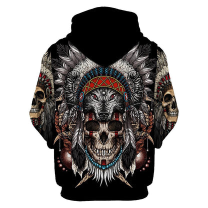 Wolf Skull Native American All Over Printed Hoodie, Native American Hoodie, 3D Native American Hoodie