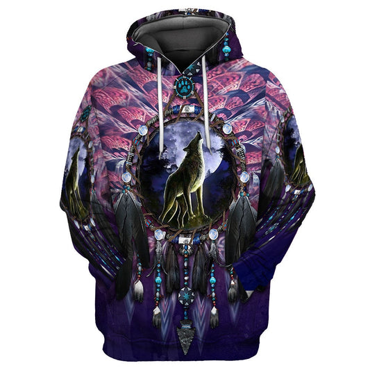 Wolf Under The Moon Native American All Over Printed Hoodie, Native American Hoodie, 3D Native American Hoodie