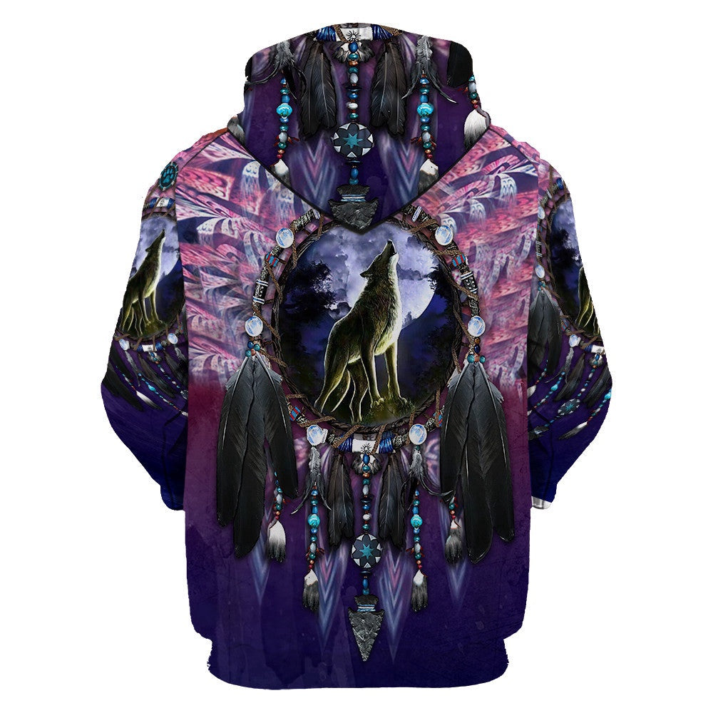 Wolf Under The Moon Native American All Over Printed Hoodie, Native American Hoodie, 3D Native American Hoodie