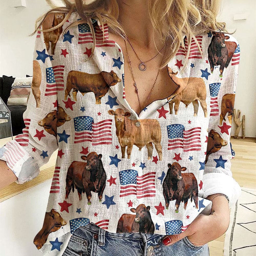 Women Casual Shirt, Beefmaster Patriot Usa Flag Casual Shirt, Casual Shirt, Casual Shirts For Women