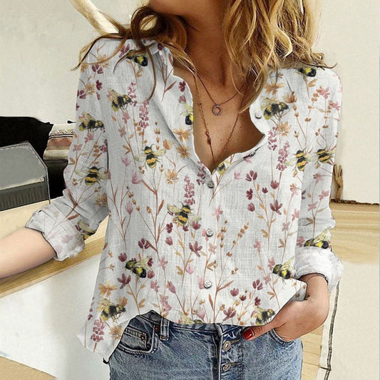 Women Casual Shirt, Bees On Wild Flowers Casual Shirt, Casual Shirt, Casual Shirts For Women