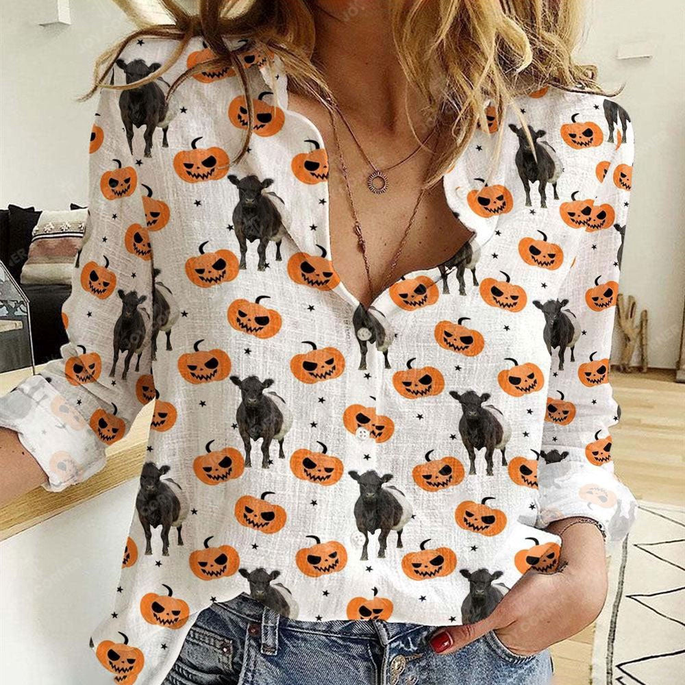 Women Casual Shirt, Belted Galloway Halloween Pattern Casual Shirt, Casual Shirt, Casual Shirts For Women