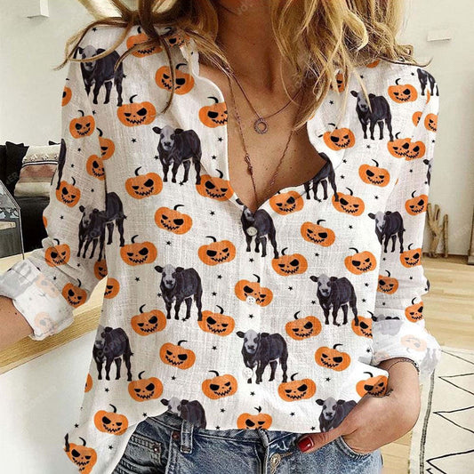 Women Casual Shirt, Black Baldy Halloween Pattern Casual Shirt, Casual Shirt, Casual Shirts For Women