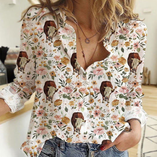 Women Casual Shirt, Blossom Pattern Herefold Cattle Casual Shirt, Casual Shirt, Casual Shirts For Women