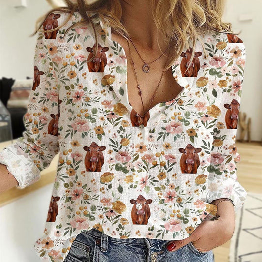 Women Casual Shirt, Blossom Pattern Limousin Cattle Casual Shirt, Casual Shirt, Casual Shirts For Women