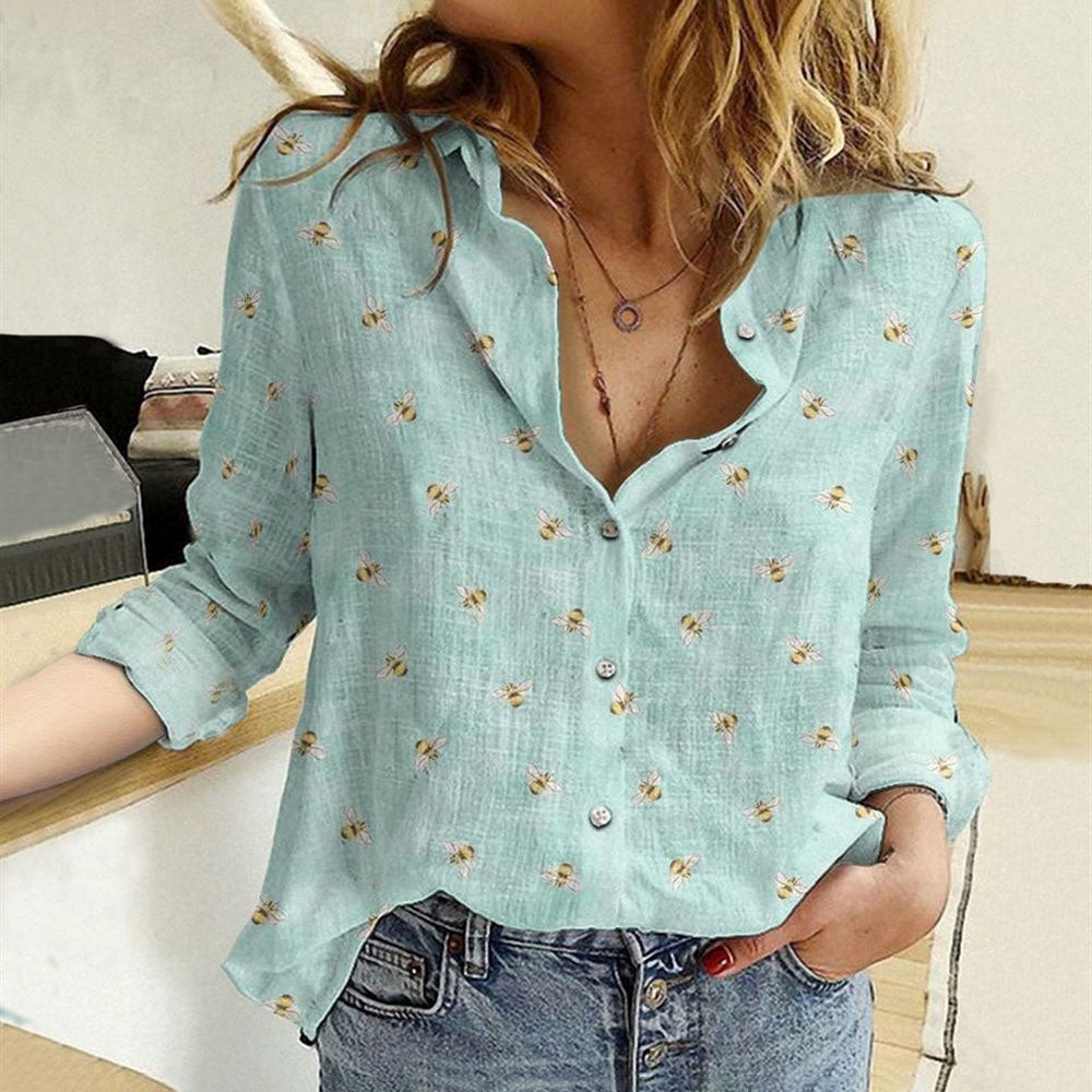 Women Casual Shirt, Blue Bee Pattern Casual Shirt, Casual Shirt, Casual Shirts For Women