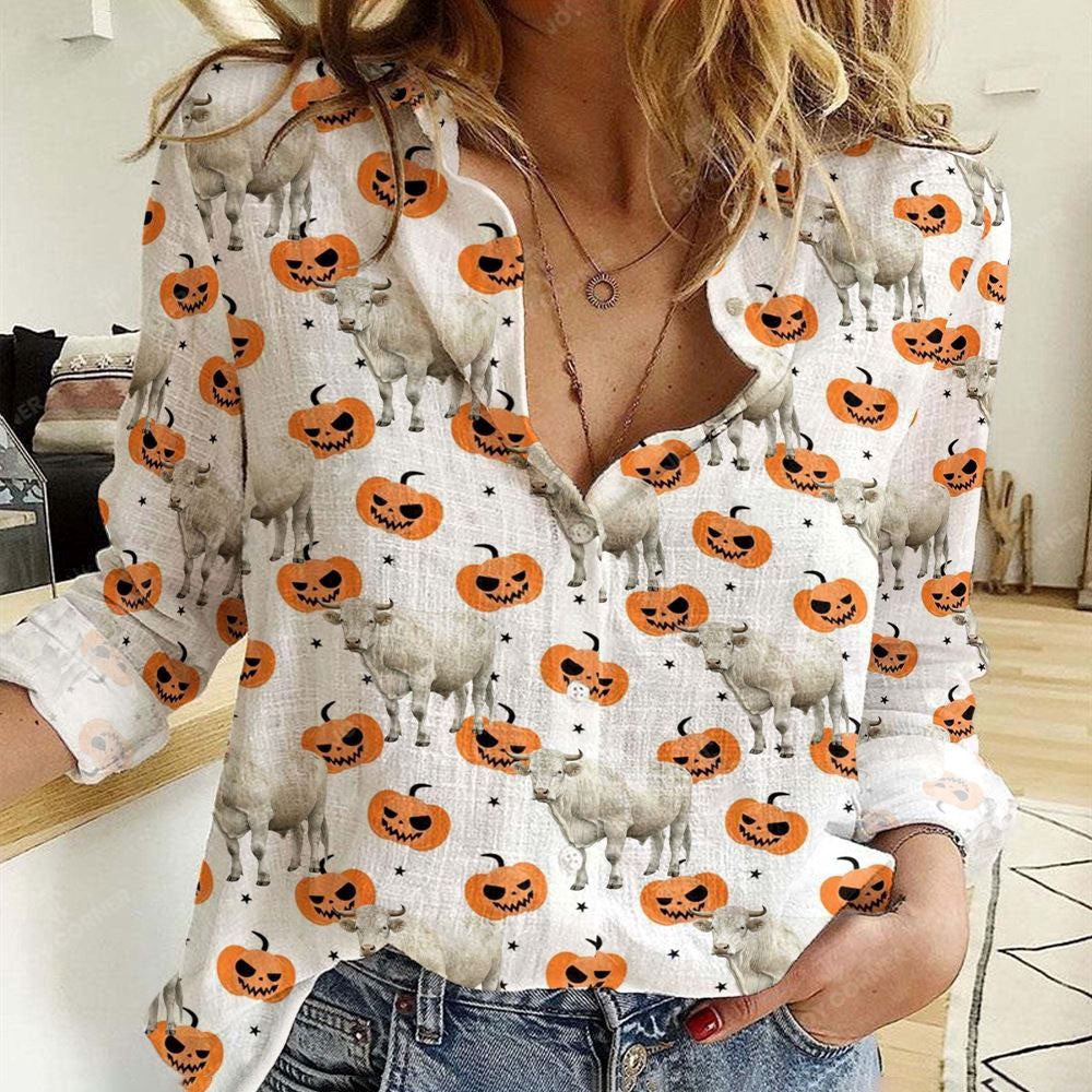 Women Casual Shirt, Charolais Halloween Pattern Casual Shirt, Casual Shirt, Casual Shirts For Women