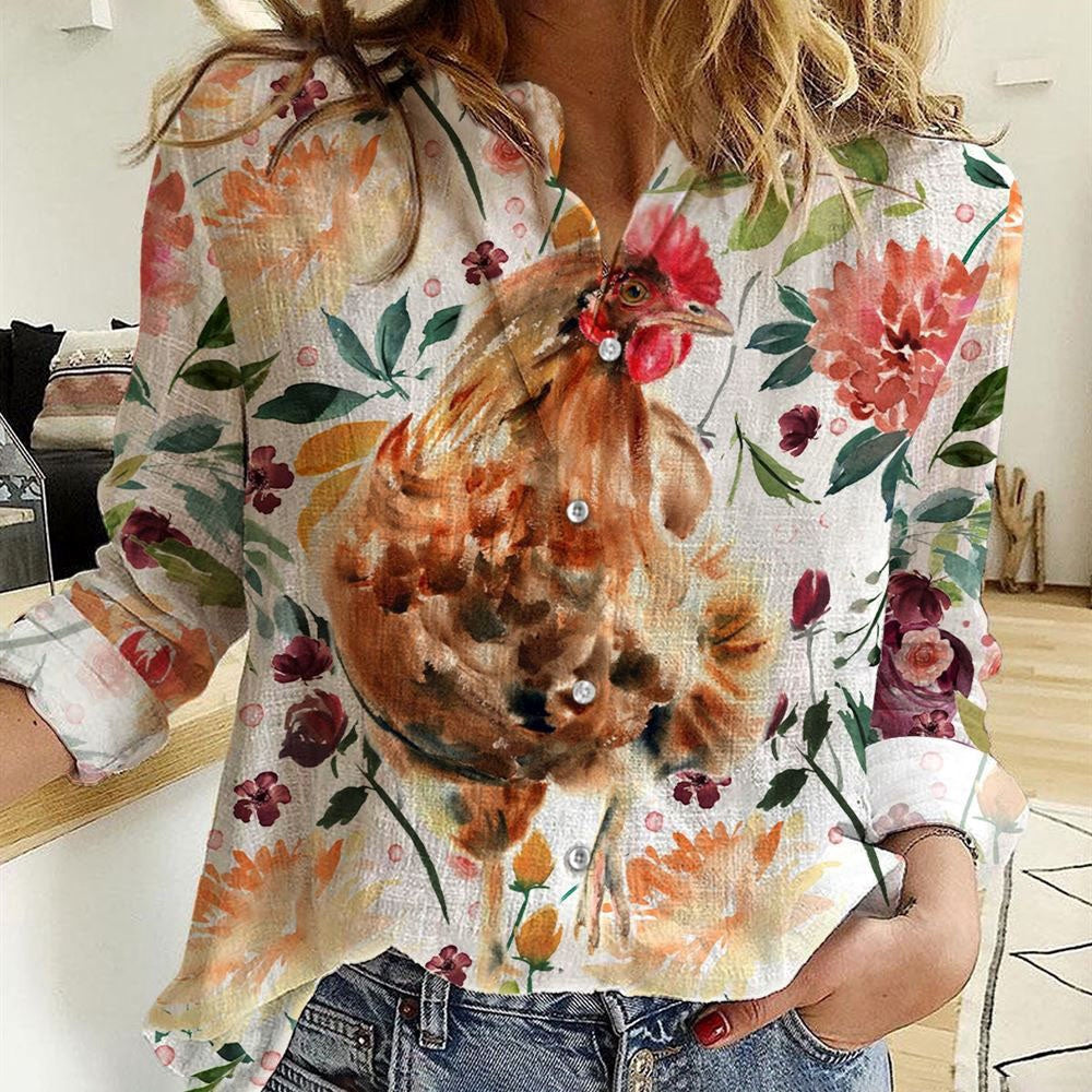 Women Casual Shirt, Chicken Fabulous Floral Pattern Casual Shirt, Casual Shirt, Casual Shirts For Women