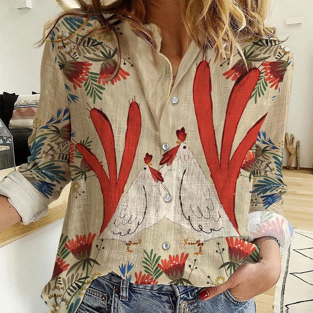 Women Casual Shirt, Chickens Fabulous Floral Pattern Casual Shirt, Casual Shirt, Casual Shirts For Women