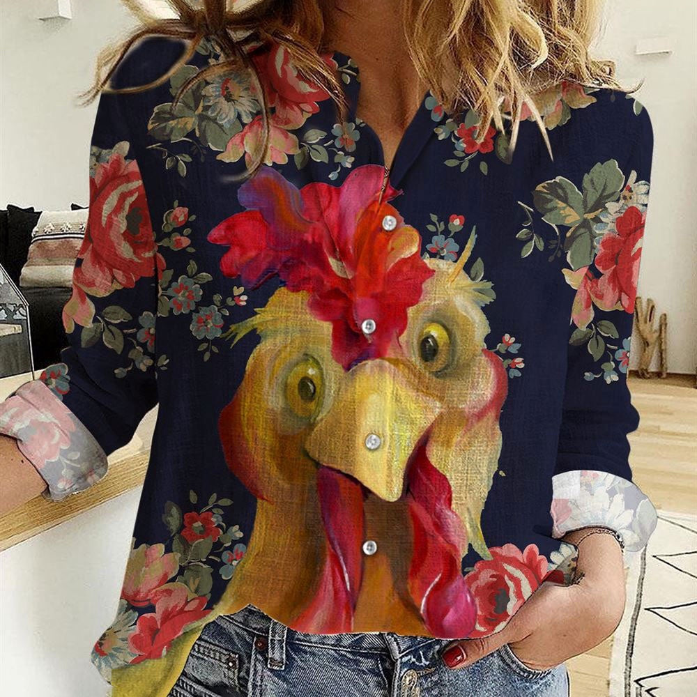Women Casual Shirt, Chickens Vintage Floral Pattern Casual Shirt, Casual Shirt, Casual Shirts For Women