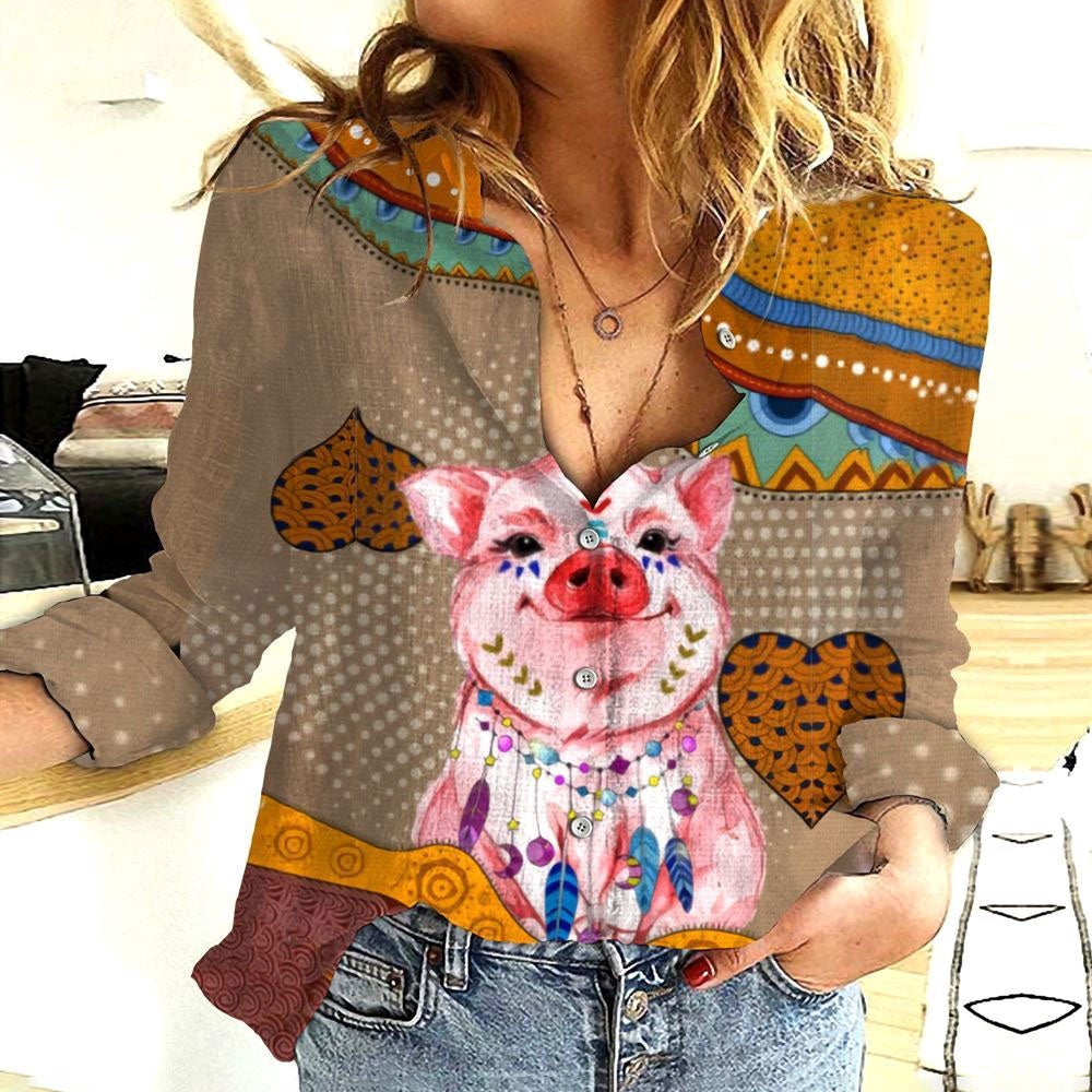 Women Casual Shirt, Cotton And Linen Farm Animal Amazing Pig 3D Casual Shirt, Casual Shirt, Casual Shirts For Women