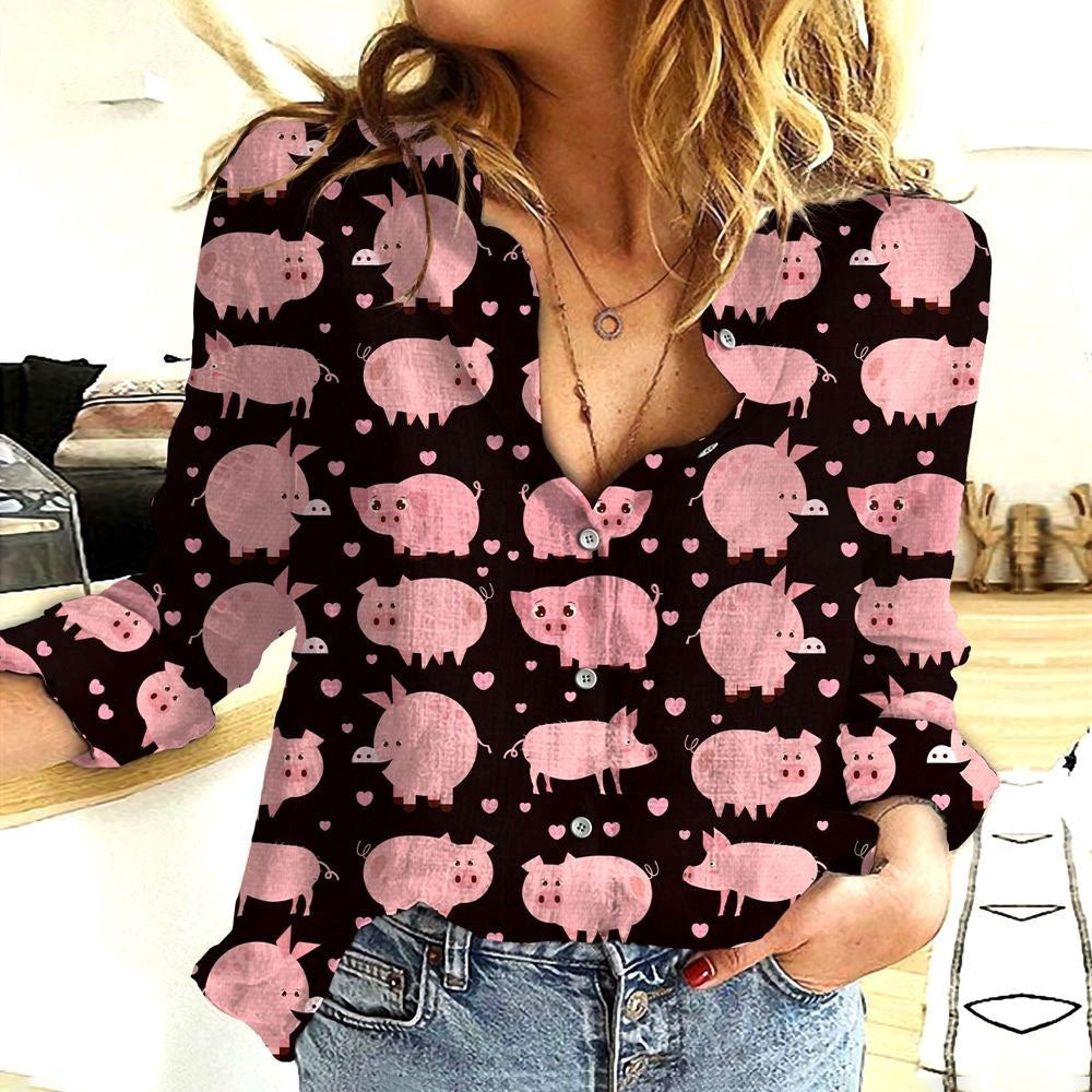 Women Casual Shirt, Cotton And Linen Farm Animal Pig Black 3D Casual Shirt, Casual Shirt, Casual Shirts For Women