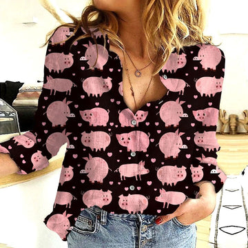Women Casual Shirt, Cotton And Linen Farm Animal Pig Black 3D Casual Shirt, Casual Shirt, Casual Shirts For Women