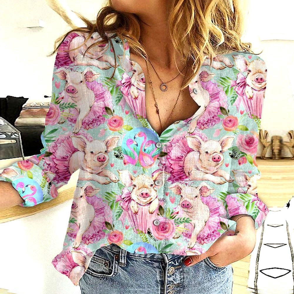 Women Casual Shirt, Cotton And Linen Farm Animal Pig Colorful 3D Casual Shirt, Casual Shirt, Casual Shirts For Women