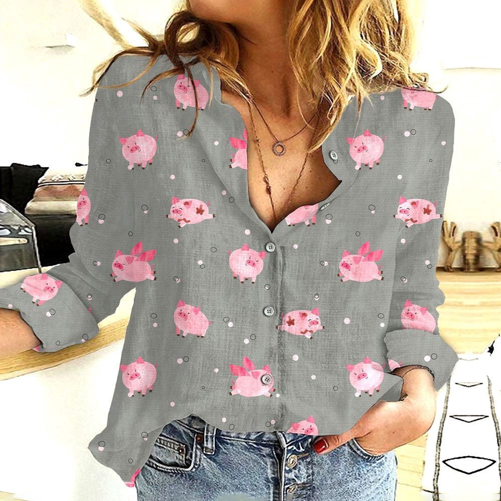 Women Casual Shirt, Cotton And Linen Farm Animal Pig Gray 3D Casual Shirt, Casual Shirt, Casual Shirts For Women