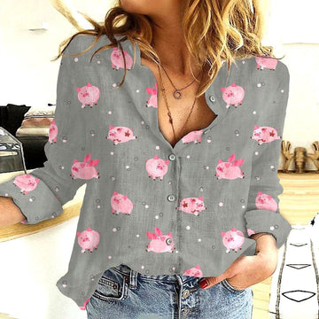 Women Casual Shirt, Cotton And Linen Farm Animal Pig Gray 3D Casual Shirt, Casual Shirt, Casual Shirts For Women