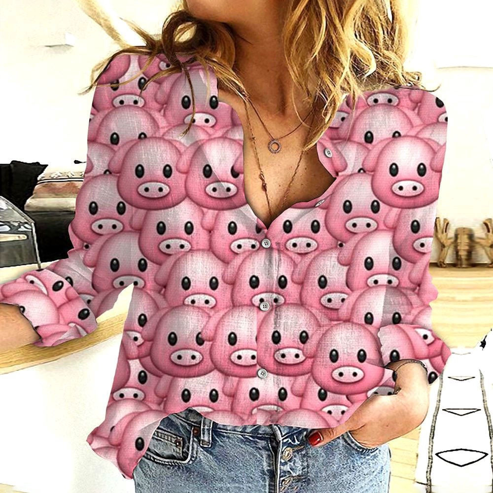 Women Casual Shirt, Cotton And Linen Farm Animal Pig Icon 3D Casual Shirt, Casual Shirt, Casual Shirts For Women