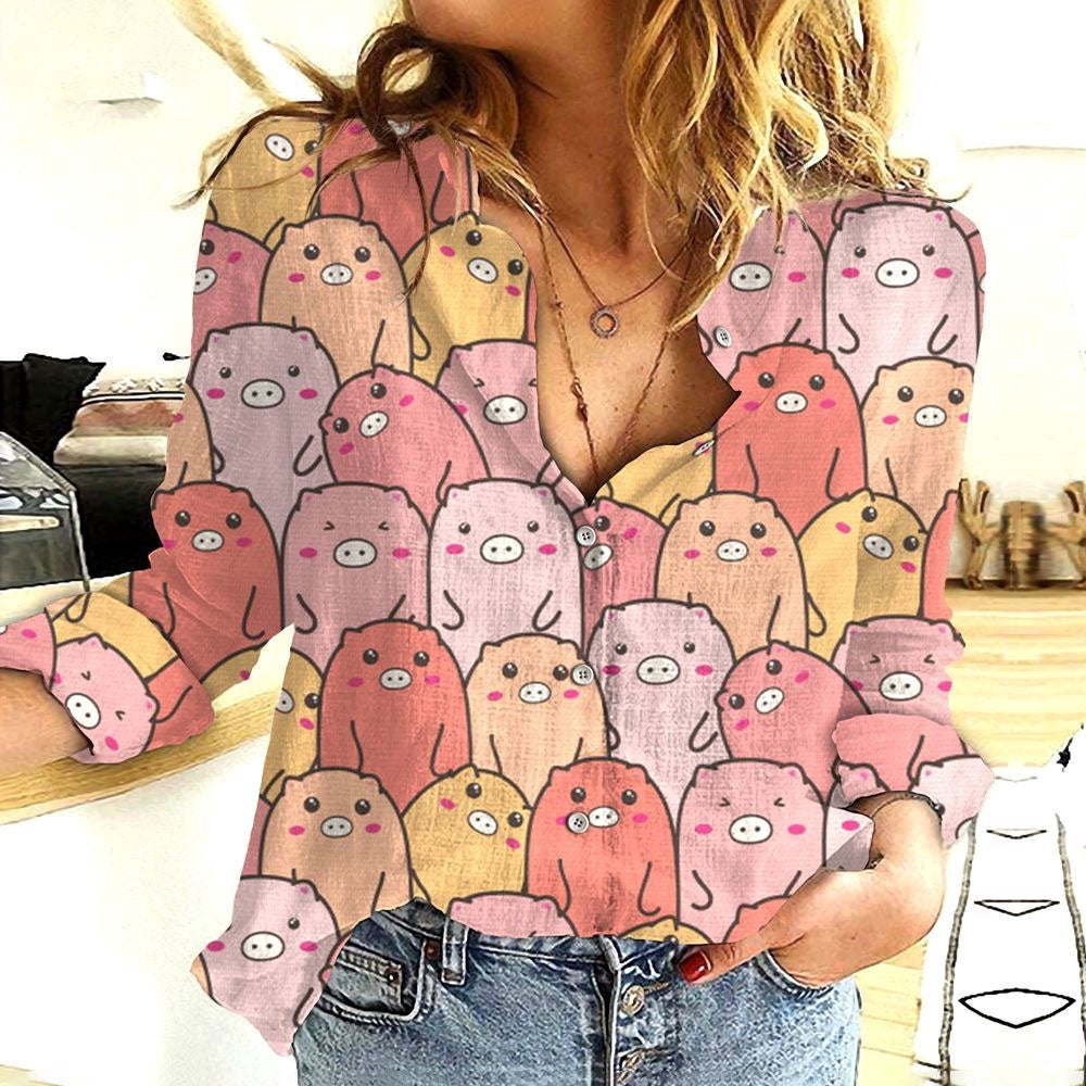 Women Casual Shirt, Cotton And Linen Farm Animal Pig Popular 3D Casual Shirt, Casual Shirt, Casual Shirts For Women