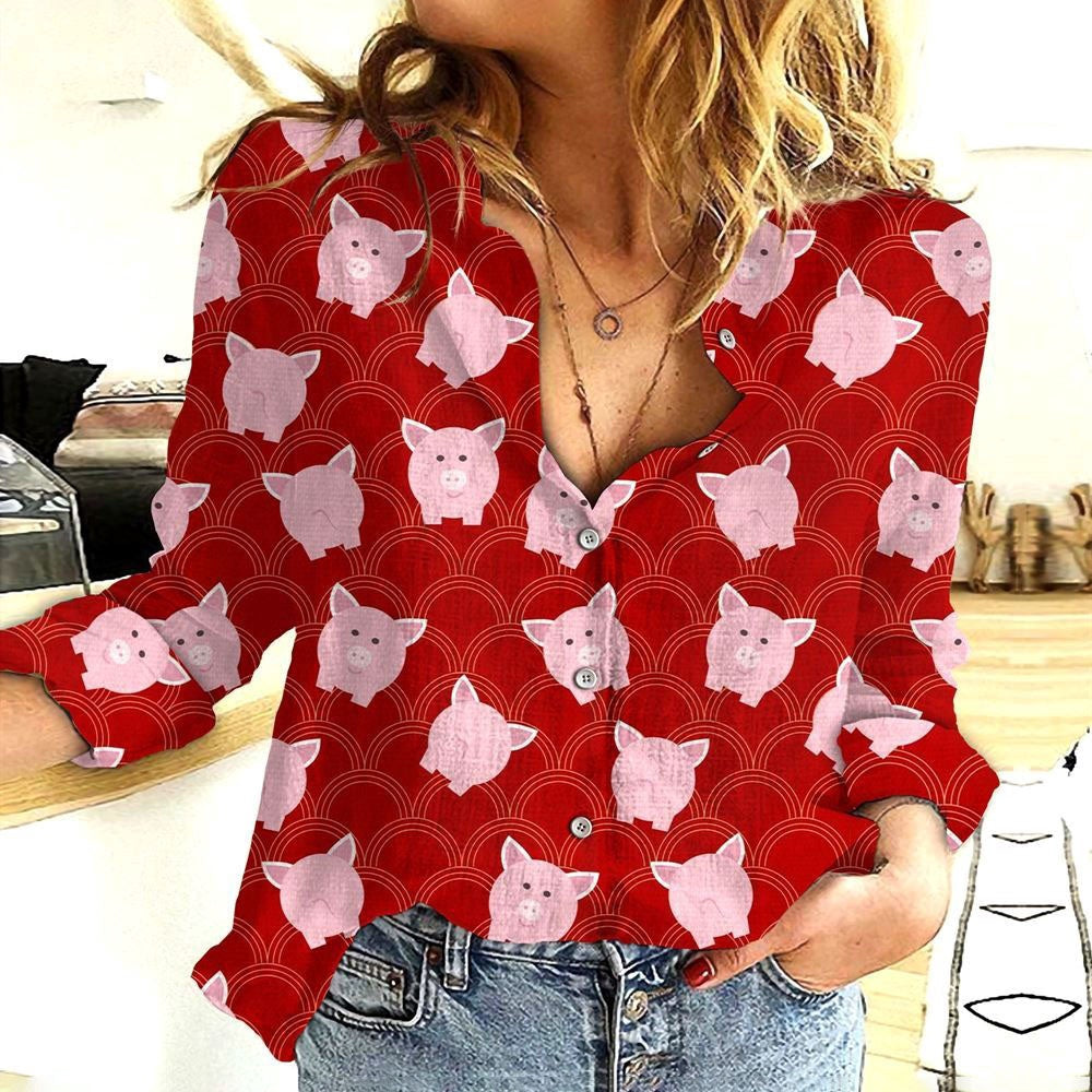 Women Casual Shirt, Cotton And Linen Farm Animal Pig Red 3D Casual Shirt, Casual Shirt, Casual Shirts For Women