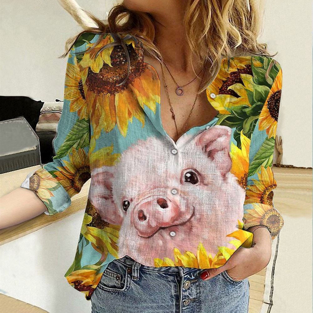 Women Casual Shirt, Cotton And Linen Farm Animal Pig Sunflower 3D Casual Shirt, Casual Shirt, Casual Shirts For Women