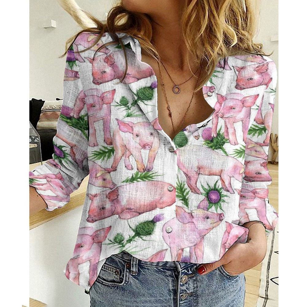 Women Casual Shirt, Cotton And Linen Farm Animal Pig White 3D Casual Shirt, Casual Shirt, Casual Shirts For Women