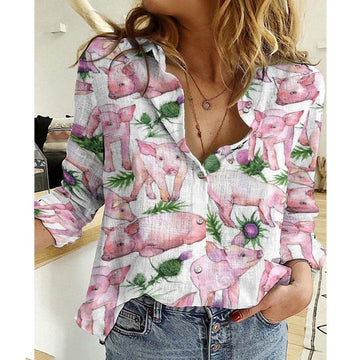 Women Casual Shirt, Cotton And Linen Farm Animal Pig White 3D Casual Shirt, Casual Shirt, Casual Shirts For Women