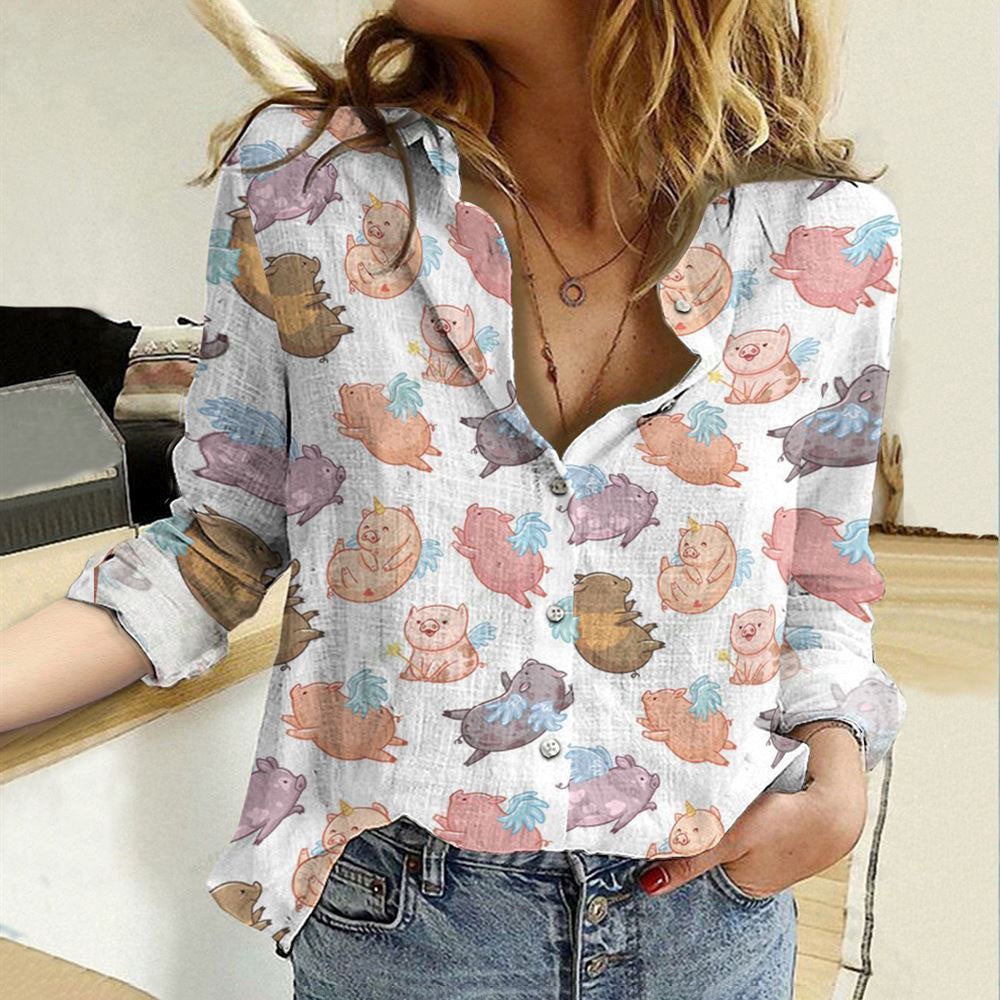 Women Casual Shirt, Cotton And Linen Farm Animal Pig Wings 3D Casual Shirt, Casual Shirt, Casual Shirts For Women