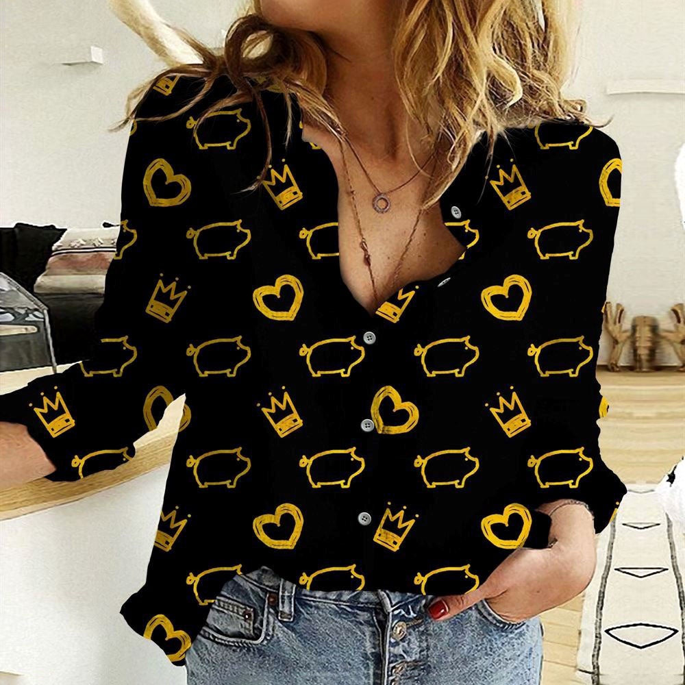 Women Casual Shirt, Cotton And Linen Farm Animal Pig Yellow 3D Casual Shirt, Casual Shirt, Casual Shirts For Women