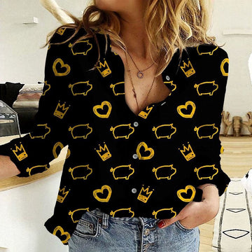 Women Casual Shirt, Cotton And Linen Farm Animal Pig Yellow 3D Casual Shirt, Casual Shirt, Casual Shirts For Women